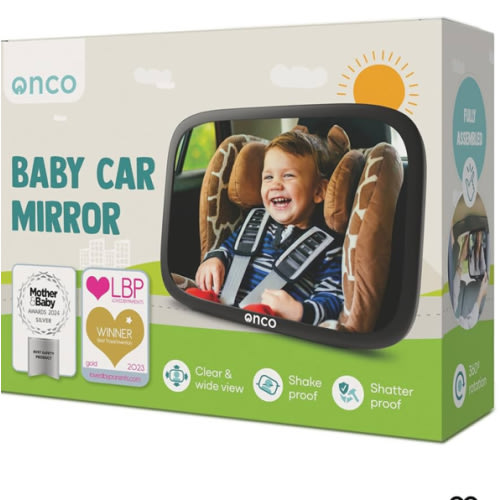 Onco Baby Car Mirror Rear Facing - Double Award-Winning Convex Car Mirror for Baby, 100% Shatterproof & Shakeproof with 360° Rotation, Newborn Essentials (9.6 x 6.9 in)