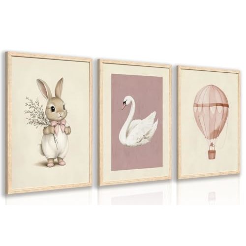 kilamino Wood Framed Pink Rabbit Nursery Wall Art Set of 3, 12x16 in | Vintage Pink Bunny Nursery Wall Decor, Swan and Hot Air Balloon Art Prints, Gift for Baby Girl Bedroom