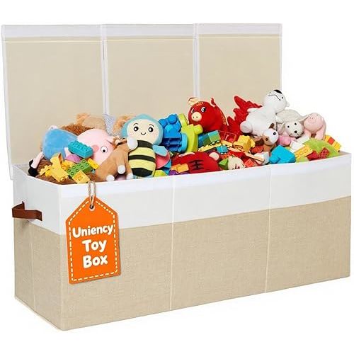 Uniency Extra Large Toy Box,150L Foldable Sturdy Toy Storage with Lid,40"x14"x16" Kids Storage Organizer, Toy Chest for Boys&Girls,for Living Room,Nursery,Bedroom,Playroom,Large Capacity Toybox(Beige)