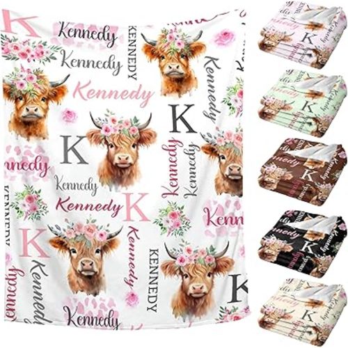 Personalized Baby Blanket for Girls Boys Highland Cow Custom Baby Blanket with Name Swaddle Blanket for Toddlers Infants Kids Shower Newborns Nursery Stroller Crib Decor Throw Birthday Gift