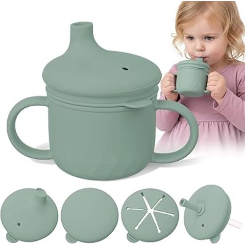8 oz 3 in 1 Silicone Baby Sippy Cups & Snack Cups with Lid Straw for Toddlers 1-3 Spill Proof Stainless Steel Snack Containers Food Catcher for Baby Toddler Drinking Training(Dark Green)