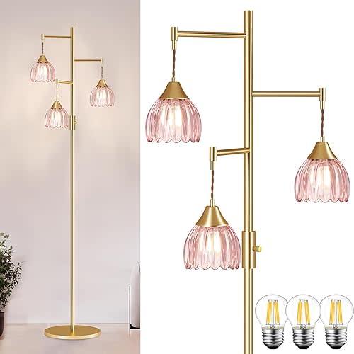 Dimmable Floor Lamp for Living Room, Bedroom, Gold Standing Lamp with 3pcs 6W Bulbs, Vintage Brass Floor Lamps for Corner, Nursery (Pink Tulip)