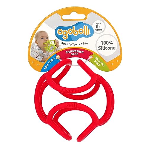 OgoBolli Teether Ring Tactile Sensory Ball Toy for Babies & Toddlers - Stretchy, Squishy, Soft, Non-Toxic Silicone - Boys and Girls Age 0+ Months - Red