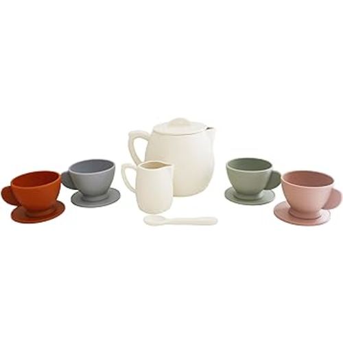 Marlowe & Co Silicone Classic Tea Play Set for Children, Dishwasher Safe Tea Set for Toddlers 3-5, 12 Piece Durable Silicone Tea Party Set for Boys and Girls (Cream Multi Mix)