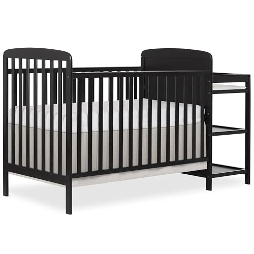 Dream On Me Anna 3-in-1 Convertible Full-Size Baby Crib & Changer with Storage in Black, GreenGuard Gold & JPMA, Pinewood, Converts to Day & Toddler Bed, 3 Mattress Heights, 1″ Changing Pad