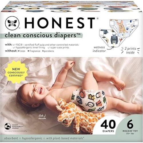 The Honest Company Clean Conscious Diapers for Sensitive Skin | Hypoallergenic, Fragrance Free | Gender Neutral Prints | Club Box, Size 6 (35+ lbs), 40 Count