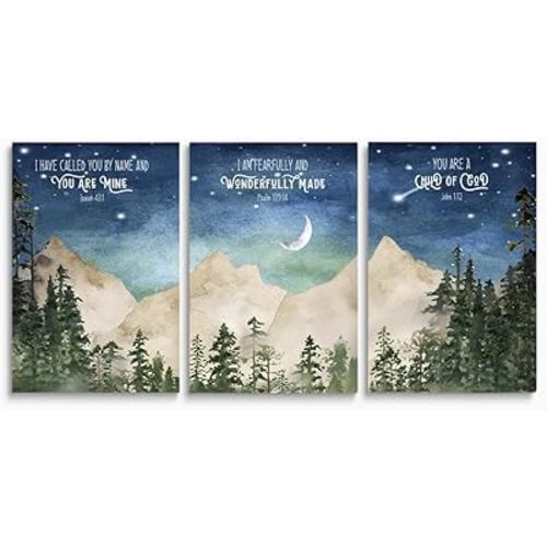 Nursery Scripture Wall Art, Set of 3 Nursery Bible Verse Wall Decor, Star Night Mountain Forest Wall Art, Nature Woodland Decor Canvas Prints, Inspirational Christian Kids Art, Framed 12"x16"