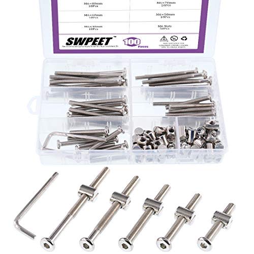 Swpeet 100Pcs Crib Hardware Screws, Nicked Plated M6 × 40/50/60/70/80mm Hex Socket Head Cap Crib Baby Bed Bolt and Barrel Nuts with 1 x Allen Wrench Perfect for Furniture, Cots, Crib Screws