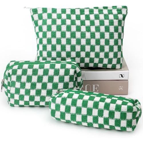 3 Pcs Makeup Bag Cosmetic Bag Set for Girls Women Checkered Travel Organizer Bathroom Toiletry Pouch Large Capacity Storage Bag(Green-White)