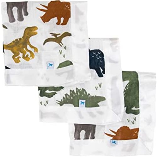 Little Unicorn Security Blankets 3 Pack | 100% Cotton Muslin with Satin Border| Super Soft and Breathable | Baby, Infant, Toddler | Lovey for Boys and Girls | Dino Friends