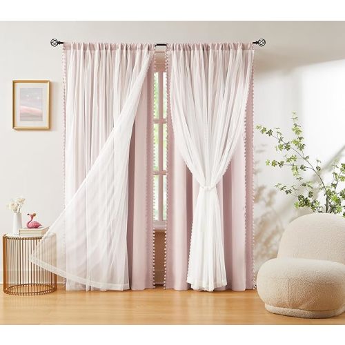 Pink Blackout-Curtains for Bedroom Pom Pom Thermal Insulated 100% Full Blackout Curtain Panels for Girls Baby Nursery Room 84 inch Energy Efficient Window Drapes for Kids 52"w x2 Panels Rod Pocket