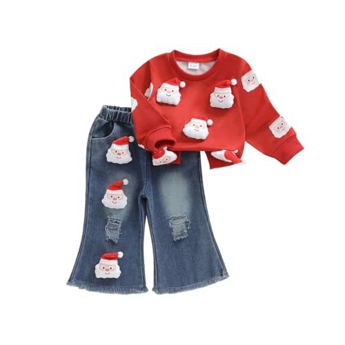 FYBITBO Toddler Baby Girl Clothes Fall Winter Baby Girl Outfit Floral Crewneck Sweatshirt Bell Bottom Jeans Pants Set