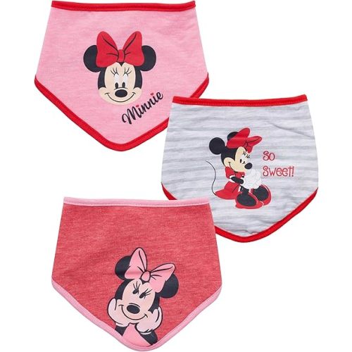 Disney Baby Girls' Bandana Bibs 3 Pack Set for Feeding, Teething, and Drooling, Red/Grey/Pink