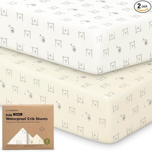 2-Pack Waterproof Baby Crib Sheets for Boys, Girls - 52x28 Viscose Derived from Bamboo Toddler Bed Sheet Neutral, Fitted Crib Mattress Protector Cover for Baby Bedding, Soft & Gentle (Bumble Bear)