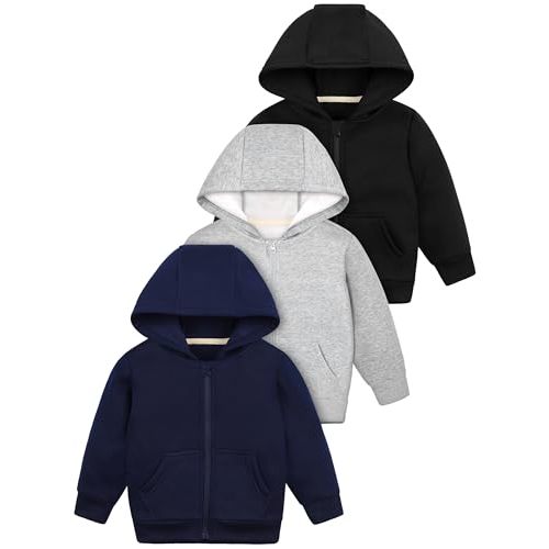 Cooraby 3 Packs Baby and Toddler Boys Long Sleeve Full-Zip Hoodies Infant Fleece Hooded Sweatshirts Jacket with Pouch Pockets