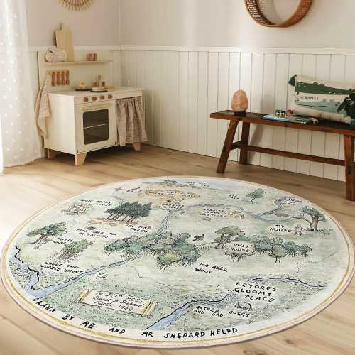 Woodland Children Room Round Rug - Green Pooh Circle Carpet - Cartoon Nursery Oval Rug - Forest Map River Washable Circular Playmat