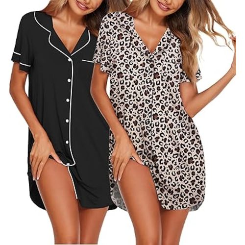 Ekouaer Nightgowns for Women 2 Pack Button Down Sleepwear Short Sleeve Sleepshirts Soft Nightshirts Boyfriend Pajama Dress
