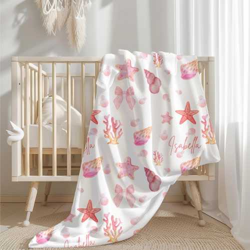 Personalized seashell baby blanket, custom starfish and bow swaddle, girly coastal nursery decor, coquette baby shower gift, newborn