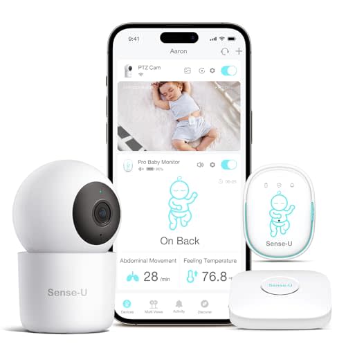 Sense-U Smart Baby Monitor Pro(Long Range)+2K PTZ Camera: Track Abdominal Movement with Arousal Vibration, Rollover, Feeling Temp, 2K Video, Background Sound & Motion Detection, No Monthly Fee
