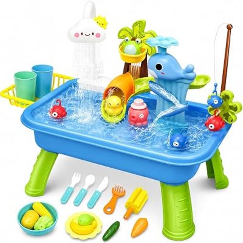 Water Table for Toddlers 1-3, Play Sink for Toddlers with Waterfall Shower, Fishing Game, Whale Slide & Pretend Kitchen Toys, Summer Baby Water Toy for Outdoor Backyard Play (Blue)