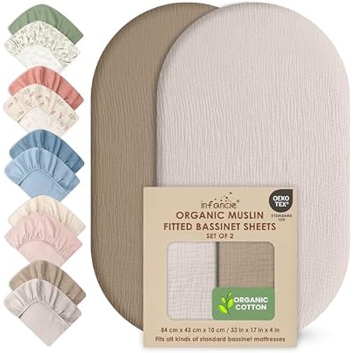 100% Organic Cotton Muslin Baby Bassinet Fitted Sheet 43 X 84 CM Pack of 2 Soft Breathable Lightweight Stretchable Bassinet Sheet Gentle On Skin Durable Snug Fit Newborn Bassinet Mattress