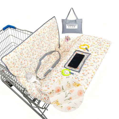 Muslin Shopping Cart Cover for Baby Soft & Breathable High Chair Covers for Restaurant Seat Grocery Cart Cover with Storage Pocket Machine Washable for Infant Toddler Boy Girl, Beige Floral