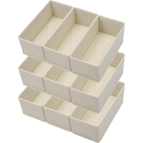 Bructhun Sock Drawer Organizer 9 Pack - Collapsible Fabric Storage Bins for Underwear Divider, Small Closet Organizers with 9 Compartments, Beige