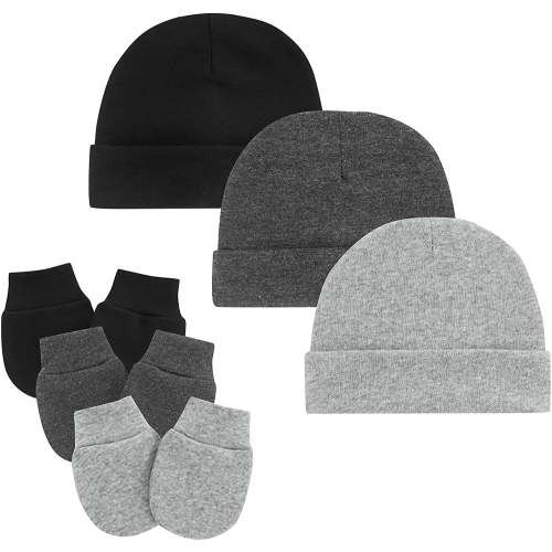 FOREEMME Newborn Infant Baby Boys Cotton Beanie Hat and Mittens Set for 0-6 Months