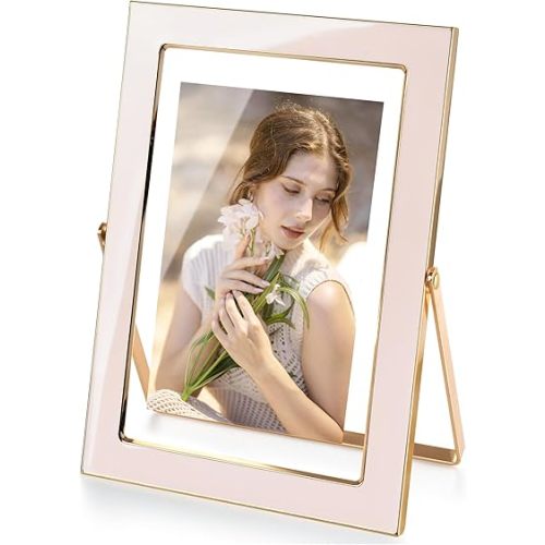Axeman 4x6 Gold Floating Frame Pink Enamel Picture Frame with Metal Edge for 3.5x5, 2x3 up to 4x6 Photo Double Glass Floating Picture Frame for Desk Tabletop Shelf Vertical Display