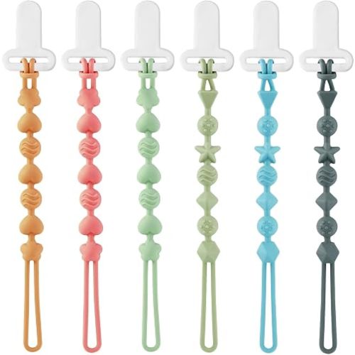 PandaEar 6 Pack Silicone Pacifier Clips, One Piece Design Teething Pacifier Holder Clip, Neutral Paci Clips, Pacifier Straps Chain for Teethers