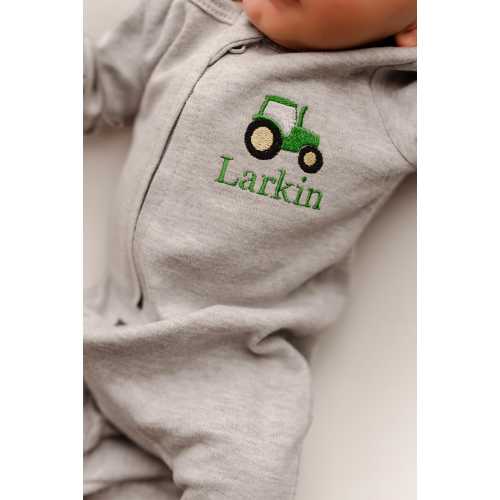Baby Boy Tractor outfit with name, boys Tractor coming home outfit, newborn farm outfit, tractor baby shower gift, zip footie, embroidered