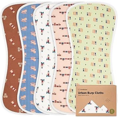 Organic Burp Cloths Baby Boy & Girl - 5-Pack Super Absorbent Cotton Burping Cloths for Babies, Soft & Plush Newborn Spit Up Rags, Infant Towels for Milk Spit Up, Unisex, Large 21" x 10" (Toy Land)