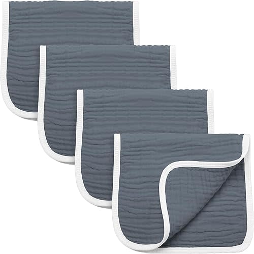 Synrroe Burp Cloths Large, Muslin Burp Cloths for Baby Girls and Boys, Pack of 4 Extra Absorbent and Soft Muslin, 6 Layers 20 by 10 Inches 100% Cotton (Dark Grey 4 Pack)