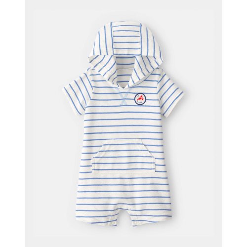 Baby Boy 'Oh Snap!' Lobster Stripe Short-Sleeve Hooded Romper - Blue/White | Carter's