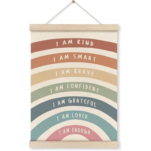 HRQKO I Am Kind Smart Inspirational Poster Hanger Frame, Boho Rainbow Wall Art with Wooden Frames, Positive Affirmation Hanging Banner Decor for Nursery Toddler Room, Mental Health Decor, 12x16 inch