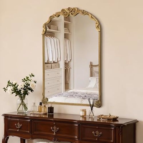 Besdomus Large Vintage Gold Mirror: 24"x36" French Baroque Arch Bow Mirrors