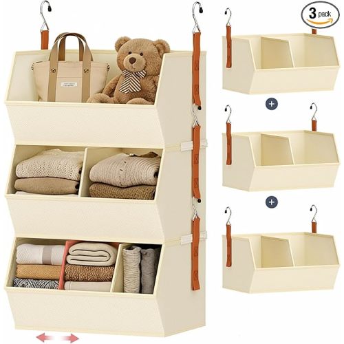 Hanging Closet Organizer Extra Large Beige, Clothes Hanging Shelves for Closet with Divider, Collapsible Closet Storage System, Fabric Storage Bins for Home, Dorm, Rv, Sweaters, Handbags, Underwear, Sock