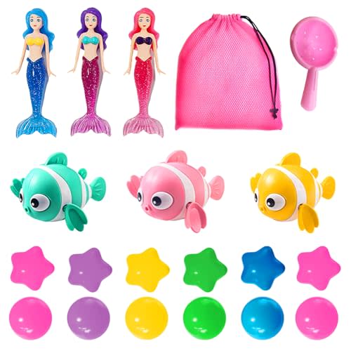 Baby Bath Toys for Kids - 20 PCS Little Mermaid Dolls, Wind Up Swimming Fish, Balls, Scoop and Storage Bag. Mold-Free Toddler Water Toys for Bathtub and Pool Diving, Gift for Girls Ages 1-3, 4-8
