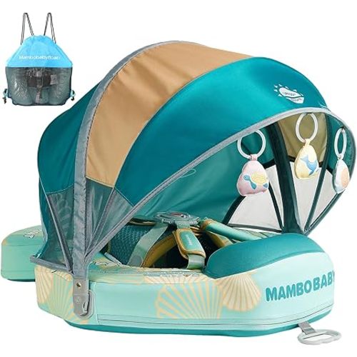 Mambobaby Float Add Tail Baby Swim Float with Canopy Solid Pool Infant Swim Trainer Swimming Training Lying Air Free Water Floats Non-Inflatable Waist Swim Ring for Toddlers (Shell - Green)