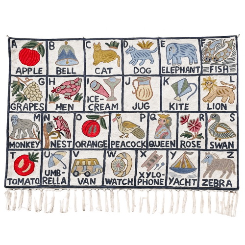 Handmade alphabet ABC crewel embroidered children's wall hanging tapestry | Sumbal | luxury new baby, first birthday or christening gift – Moppet