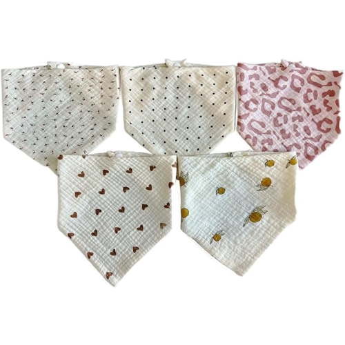 Muslin Cotton Triangle Baby Bibs 5 Pack Drool Bibs Feeding Apron Baby Bandana Breathable Adjustable Button - Mix Pattern