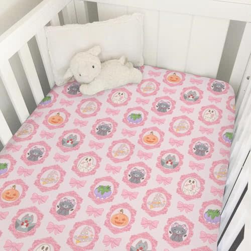 Halloween Pink Ghostly Spooky Baby Crib Sheets for Girl Cute Cats Pumpkin Witch Pink Bows Soft Snug Fitted Crib Mattress Covers for 52''x28'' Standard Crib & Toddler Mattress Girly Halloween Bed Sheet