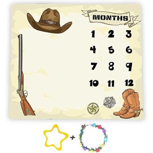 Cowboy Theme Baby Monthly Milestone Blanket, 48x40in Soft Flannel, Gun Boots Hats Nursery Blanket for Newborn Mom Gifts, Baby Shower Age Growth Tracker with Bonus Maker BTZYFS17