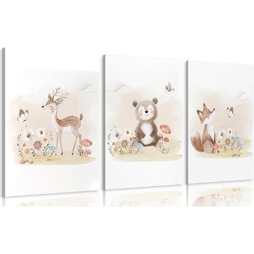 3Pcs Woodland Animal Nursery Canvas wall art Wild Animals Forest Paintings Pictures Wall Decor Fox Bear Deer Watercolor Poster Printing Artwork for Boys Room Girls Room Home Decoration Unframed