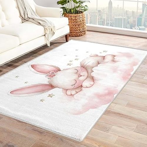 Bunny Rug for Nursery - Bunny Rug & Home Decor, Cute Cartoon Pink Rabbit Rugs for Living Room Bedroom, Washable Rugs 5x6, Non Slip Soft Low Pile Indoor Area Rug, Kids Girls Carpet & Room Decorations