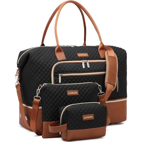 Weekender Bags for Women, Travel Duffle Bag Carry On Overnight Bag with Cosmetics Bag and Crossbody Purse for Gym Hospital, Gifts for Women, Black Brown