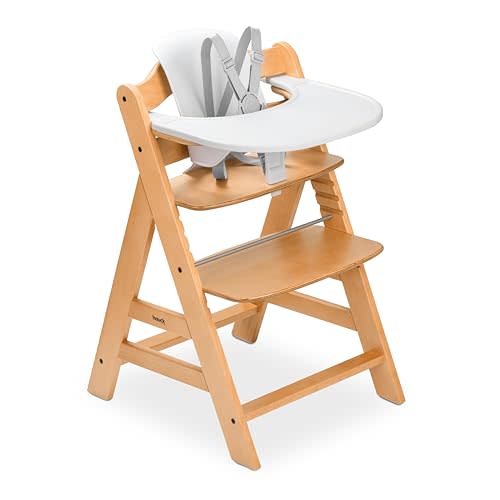 hauck Alpha+ Adjustable Wooden High Chair with Tray and Baby Seat - Beech Wood Feeding Chair for Babies and Toddlers from 6 Months to 198 lbs - Natural