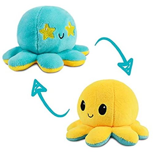 TeeTurtle | The Moody Reversible Octopus Plushie | Patented Design | Sensory Fidget Toy for Stress Relief | Yellow + Aqua | Happy + Starry | Show Your Mood Without Saying a Word! - Starry Eyes