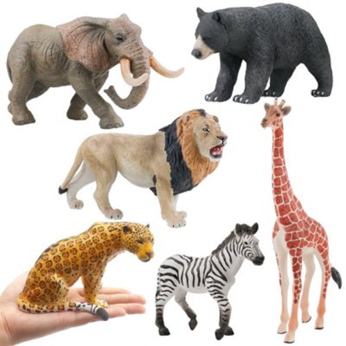 6Pcs Safari Animals Figures Toys with Giraffe Lion Black Bear Zebra Elephant Leopard Model, Educational Toy Cake Toppers Christmas Birthday Gift for Kids Toddlers