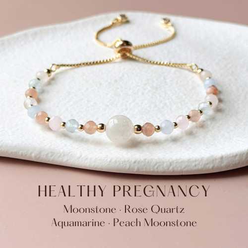 Dainty Healthy Pregnancy Crystal Bracelet｜Moonstone, Rose Quartz, Aquamarine and Peach Moonstone｜Crystal Jewelry Gift｜Fertility Gift for Mom